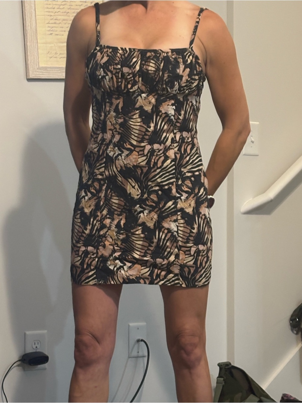 Free People Print Spaghetti Strap Mini Dress - Black & Beige